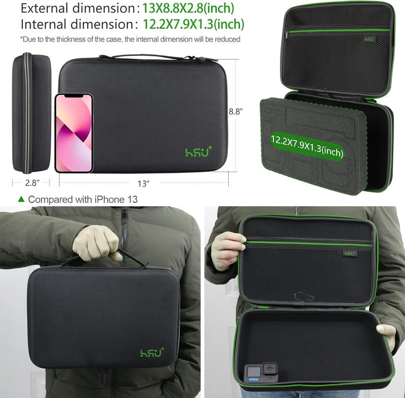 HSU Large Carrying Case for GoPro Hero 13, 12, 11, 10, 9, 8, 7, 6, 5 Black, AKASO Campark and Accessories by with Carry Handle and Carabiner Loop - Portable and Shock (Green Logo) - Image 1